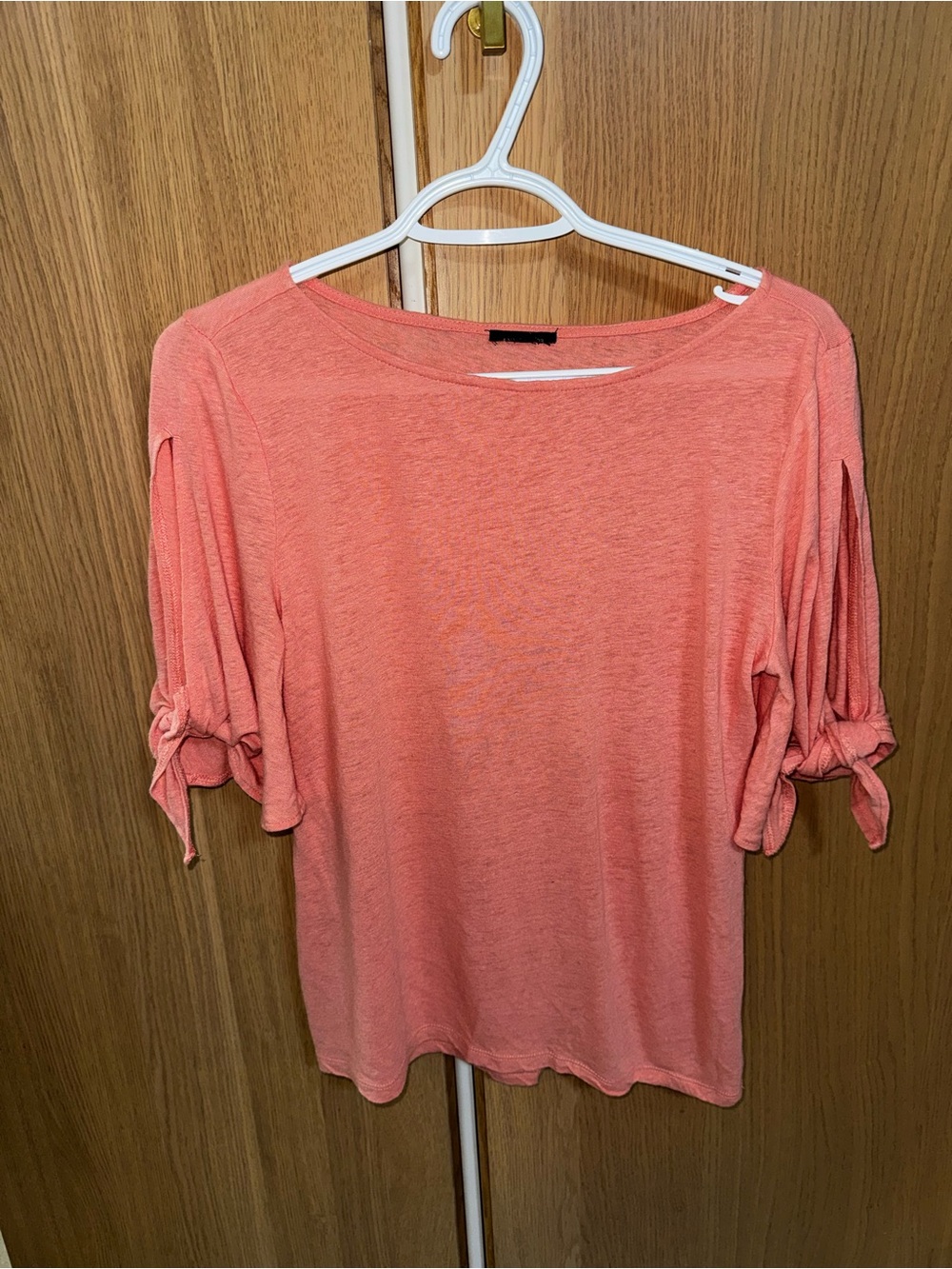 Ann Taylor Linen Coral Tie-Sleeve Short Sleeve Top, S